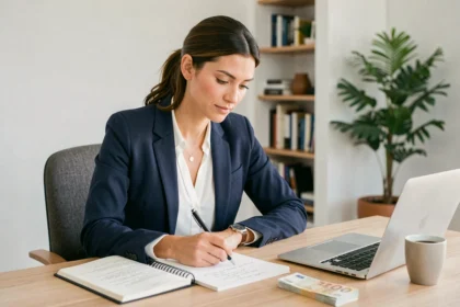 Femme entrepreneur à son bureau avec un business plan et des billets en euros, illustrant comment créer un business avec 20 000 euros