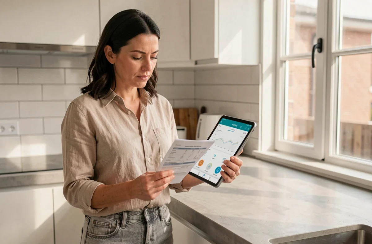 Femme consultant sa facture d'électricité et une application de suivi énergétique dans une cuisine moderne après installation de panneaux solaires