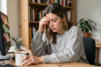 Femme fatiguée au bureau à domicile tenant une tasse de café, illustrant la productivité malgré la fatigue