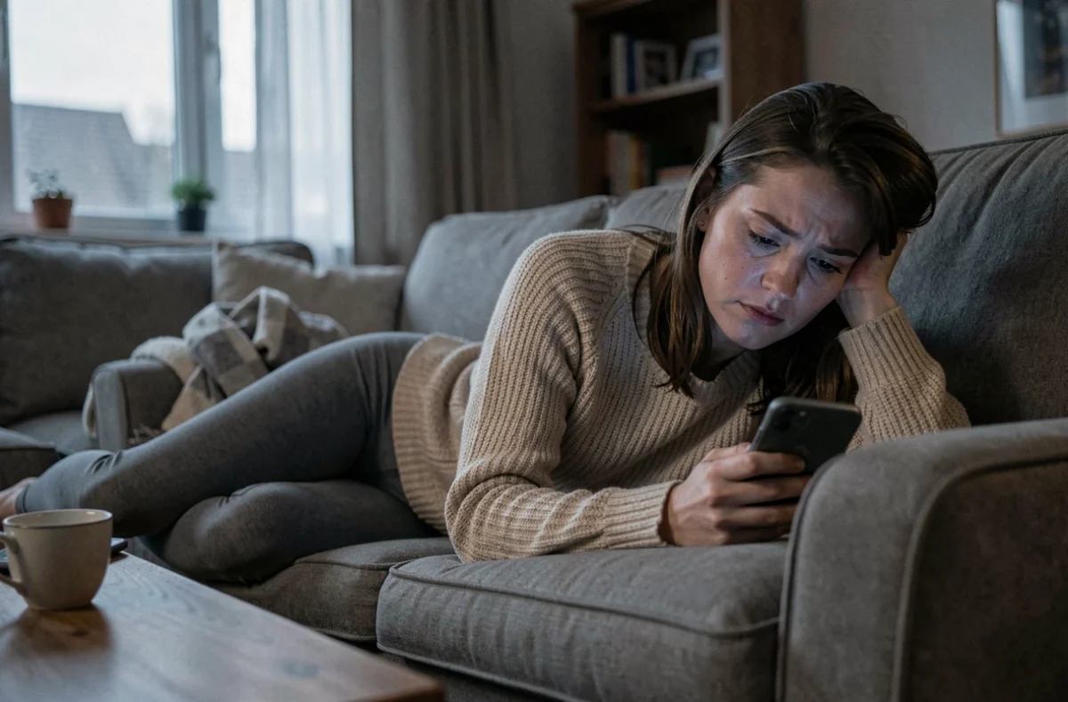 Femme fatiguée regardant son téléphone tard le soir, illustrant les inconvénients et effets négatifs des jeux numériques