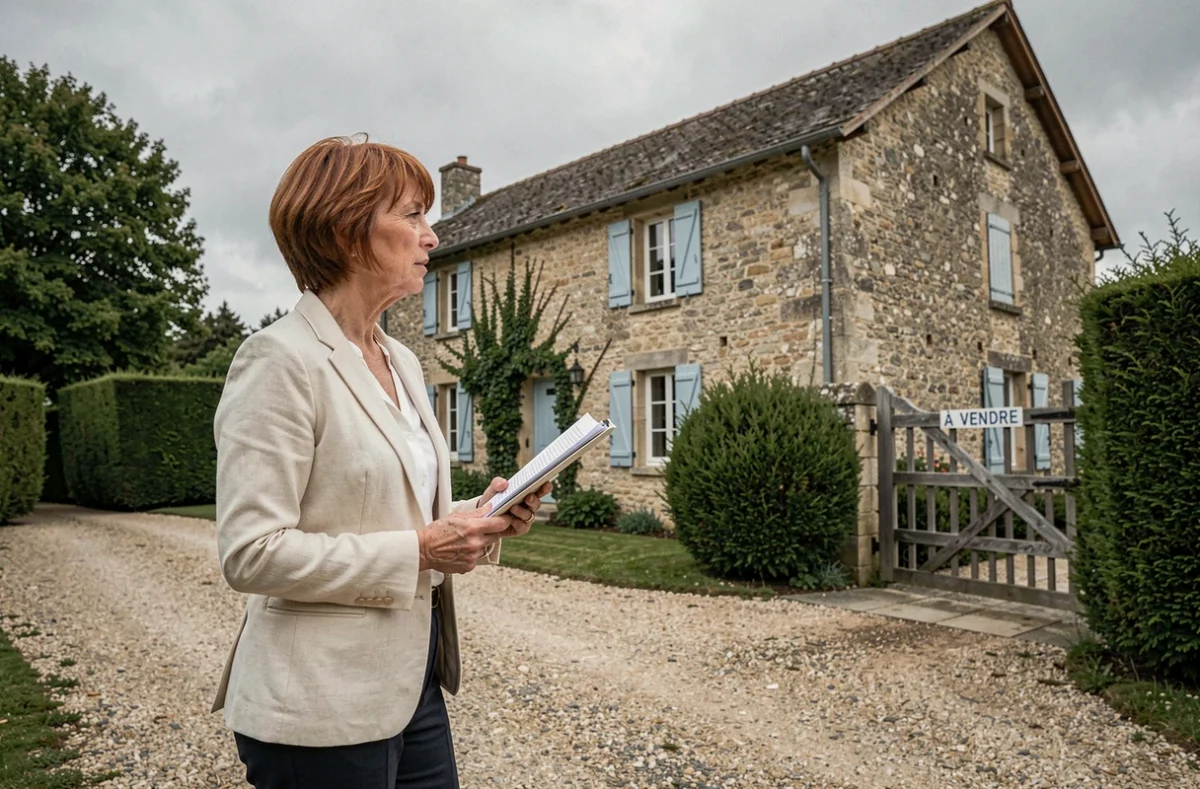 Femme devant une maison secondaire en pierre à vendre, réfléchissant à la fiscalité de la cession immobilière