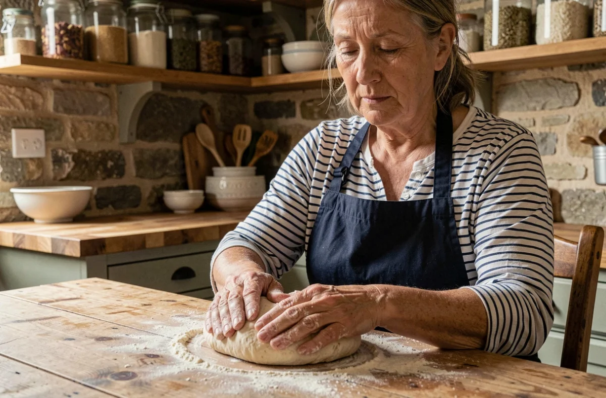 Femme pétrissant du pain dans une cuisine rustique, symbole du slow living et des gestes quotidiens apaisants