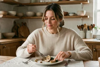 Femme pratiquant l'alimentation intuitive en faisant une pause pendant son repas pour écouter ses signaux de satiété