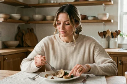 Femme pratiquant l'alimentation intuitive en faisant une pause pendant son repas pour écouter ses signaux de satiété
