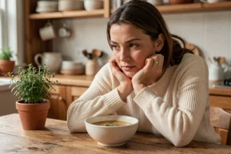 Femme pensive assise devant un bol de soupe dans une cuisine chaleureuse, cherchant ses mots pour exprimer sa faim