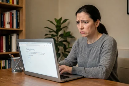 Femme inquiète regardant un email de phishing sur son ordinateur portable à domicile, illustrant la cybercriminalité la plus fréquente