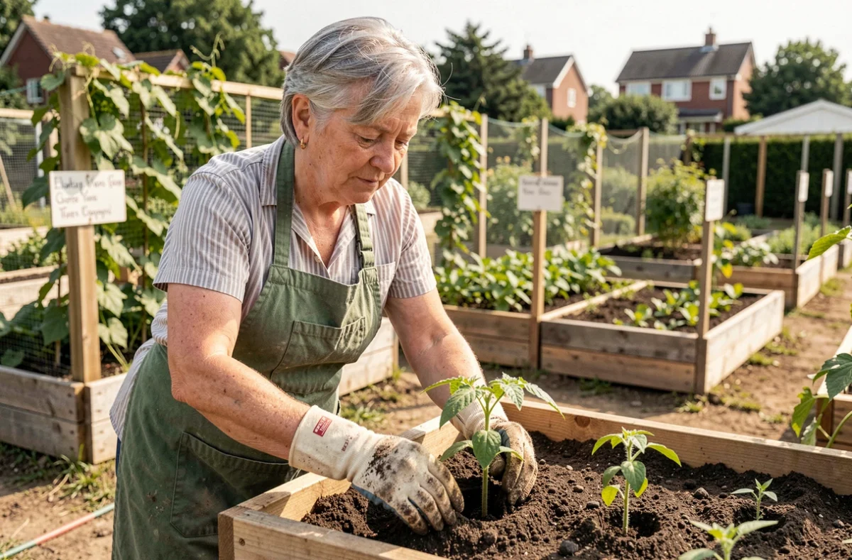 Femme mature plantant des plants de tomates dans un potager communautaire avec des rangs de légumes en arrière-plan
