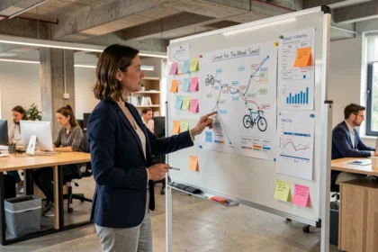 Femme en bureau présentant un plan de mobilité affiché sur un tableau blanc avec des cartes de trajets et des itinéraires cyclables