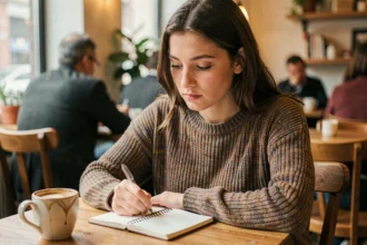 Jeune femme pensive dans un café, carnet ouvert devant elle, illustrant la réflexion sur l'identité sexuelle et l'allosexualité
