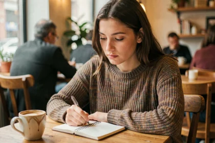 Jeune femme pensive dans un café, carnet ouvert devant elle, illustrant la réflexion sur l'identité sexuelle et l'allosexualité