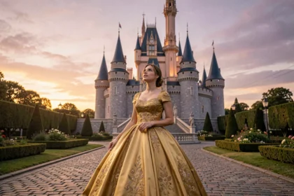 Femme en robe dorée devant un château Disney magique au coucher du soleil