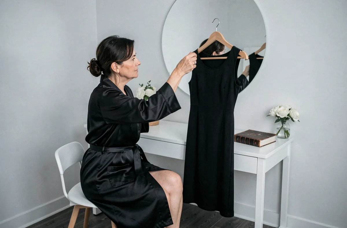 Femme mature tenant une petite robe noire devant un miroir dans une chambre épurée, questionnant la symbolique du noir dans la garde-robe féminine