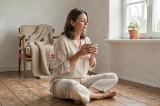 Femme sereine savourant une tasse de thé dans un intérieur minimaliste, incarnant le principe de la vie lente