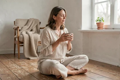 Femme sereine savourant une tasse de thé dans un intérieur minimaliste, incarnant le principe de la vie lente