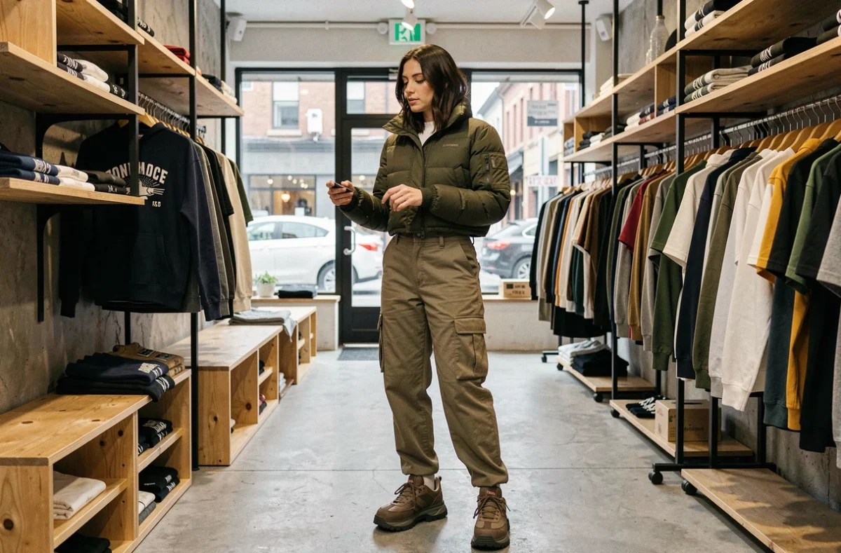 Femme en veste puffer et cargo pants faisant du shopping dans une boutique streetwear indépendante en ville