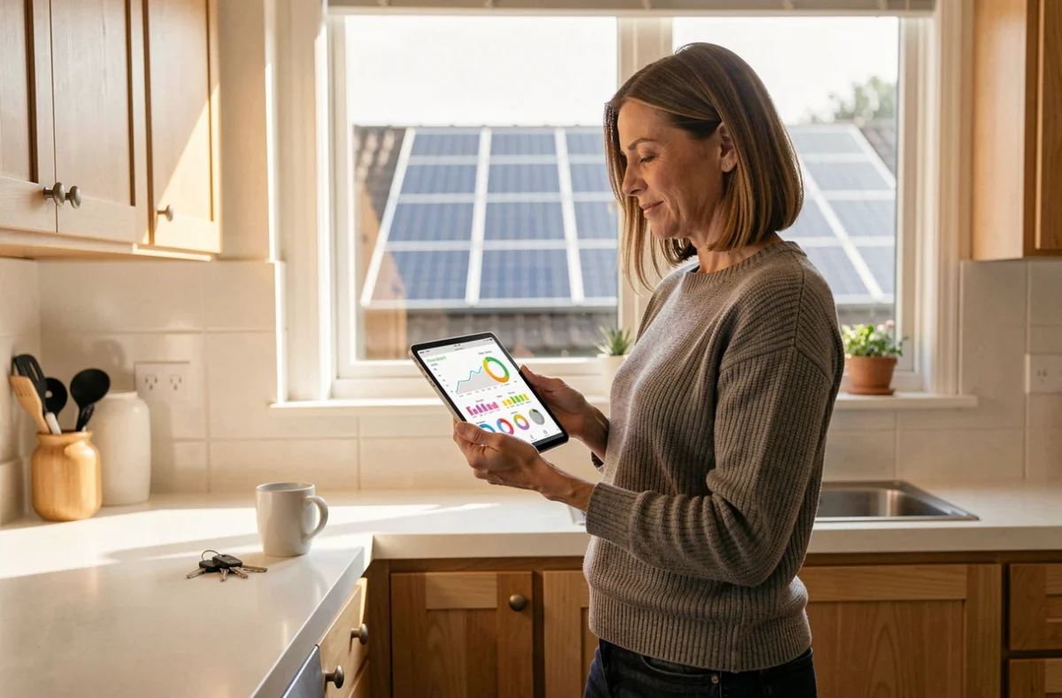 Femme consultant les données de production d'énergie solaire sur une tablette dans sa cuisine avec panneaux photovoltaïques visibles par la fenêtre