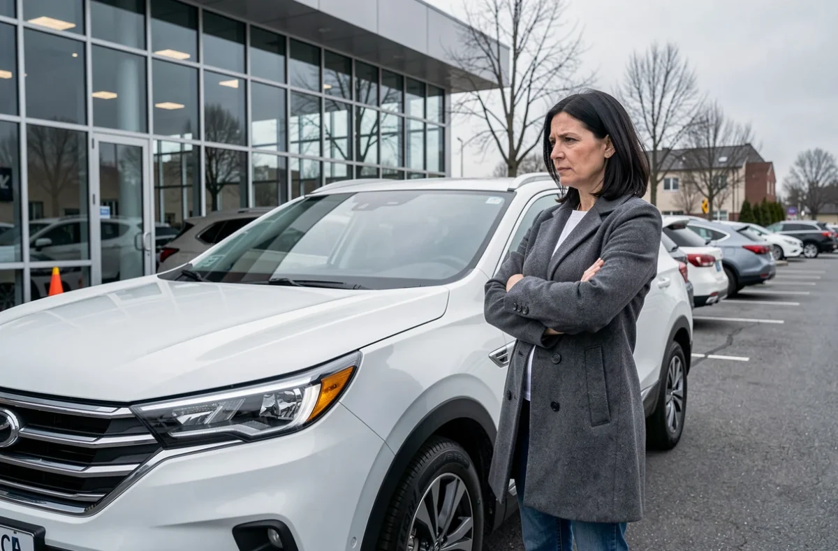 Femme hésitante devant un SUV hybride blanc dans un parking de concession automobile
