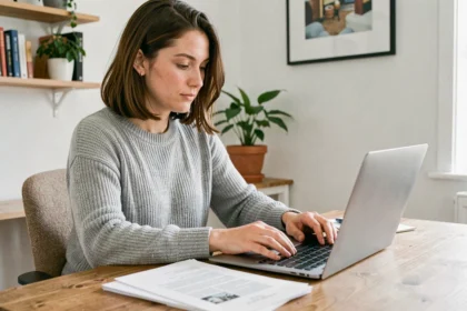 Femme en télétravail à son bureau à domicile, consultant des documents et tapant sur un ordinateur portable dans un espace de travail cosy