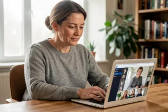 Femme en télétravail concentrée devant son ordinateur portable dans un bureau à domicile chaleureux