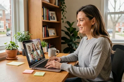 Femme en télétravail depuis son bureau à domicile lors d'une réunion en visioconférence