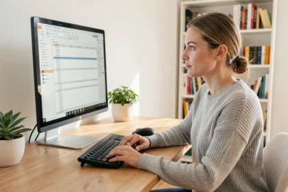 Femme en télétravail devant un grand écran de bureau dans un home office scandinave