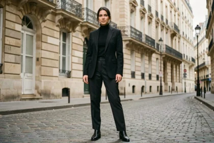 Femme en tenue entièrement noire dans une rue parisienne, illustrant l'élégance intemporelle du noir dans la mode féminine