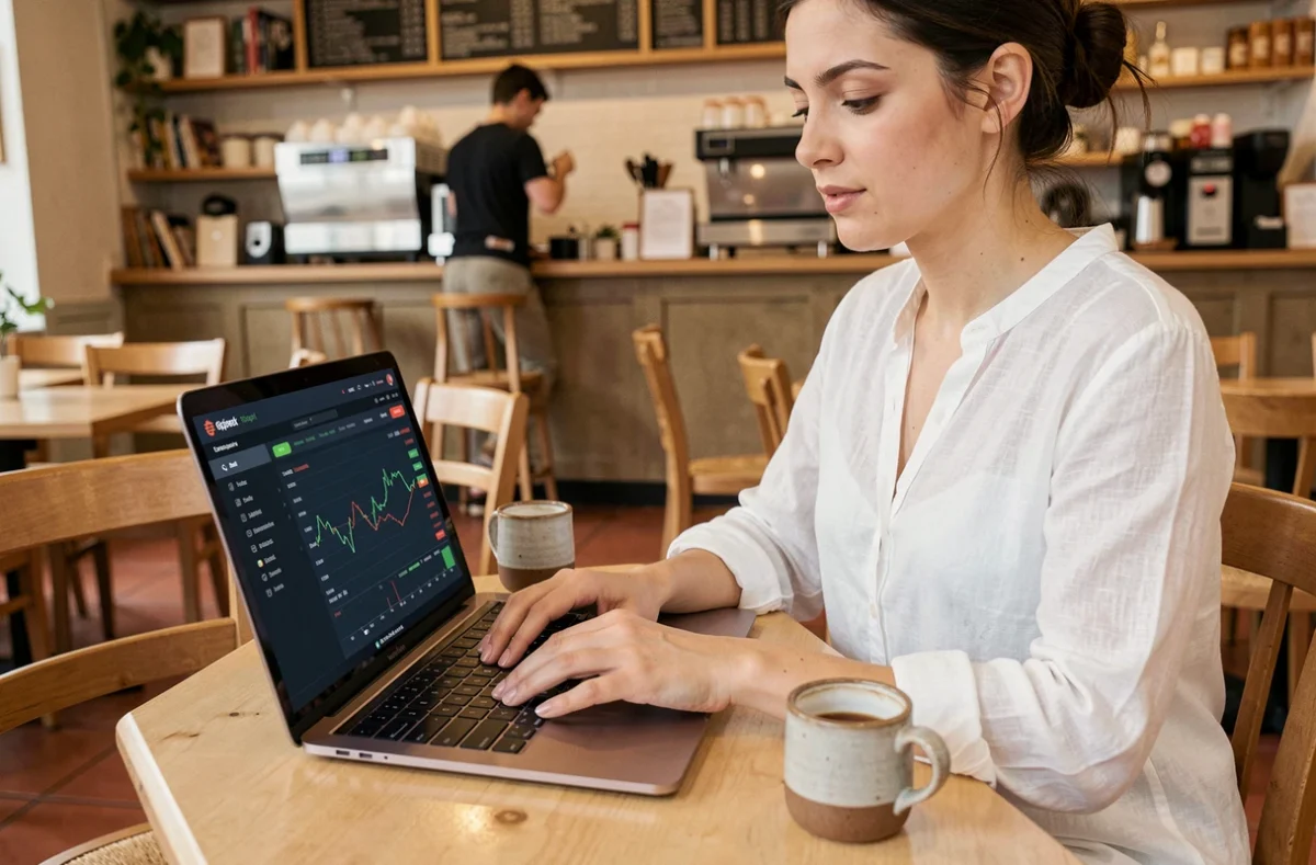 Femme vendant des cryptomonnaies depuis un ordinateur portable dans un café urbain, interface d'échange blockchain visible