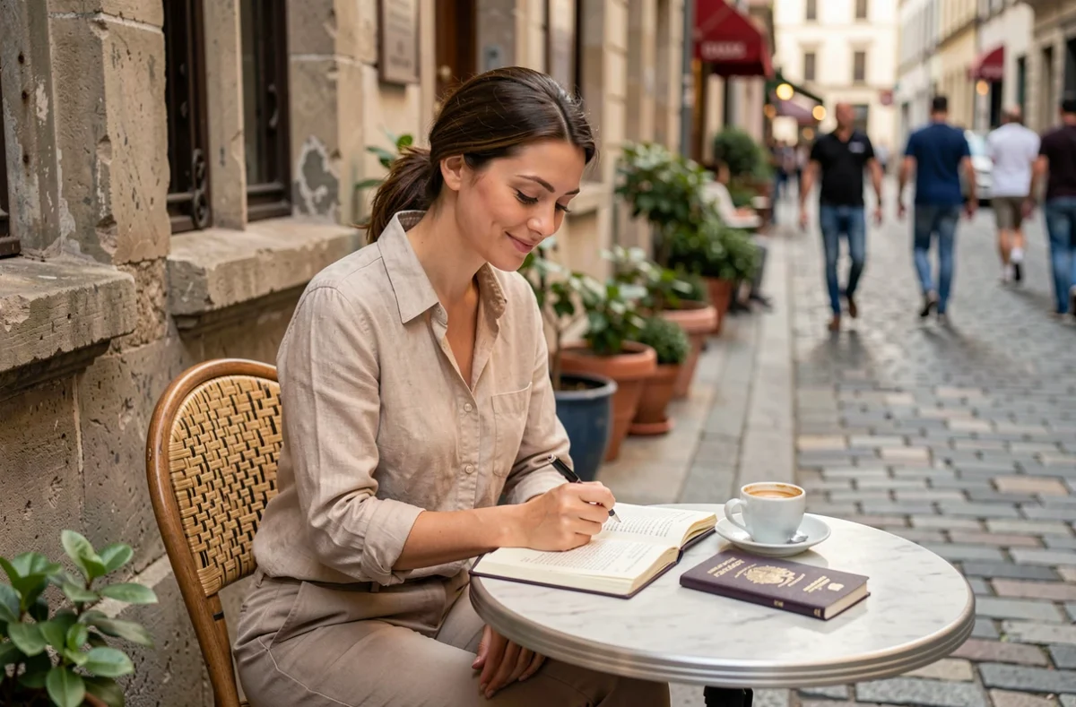 Femme de 30 ans voyageant seule assise à une terrasse de café européen, écrivant dans un journal de voyage avec son passeport posé sur la table