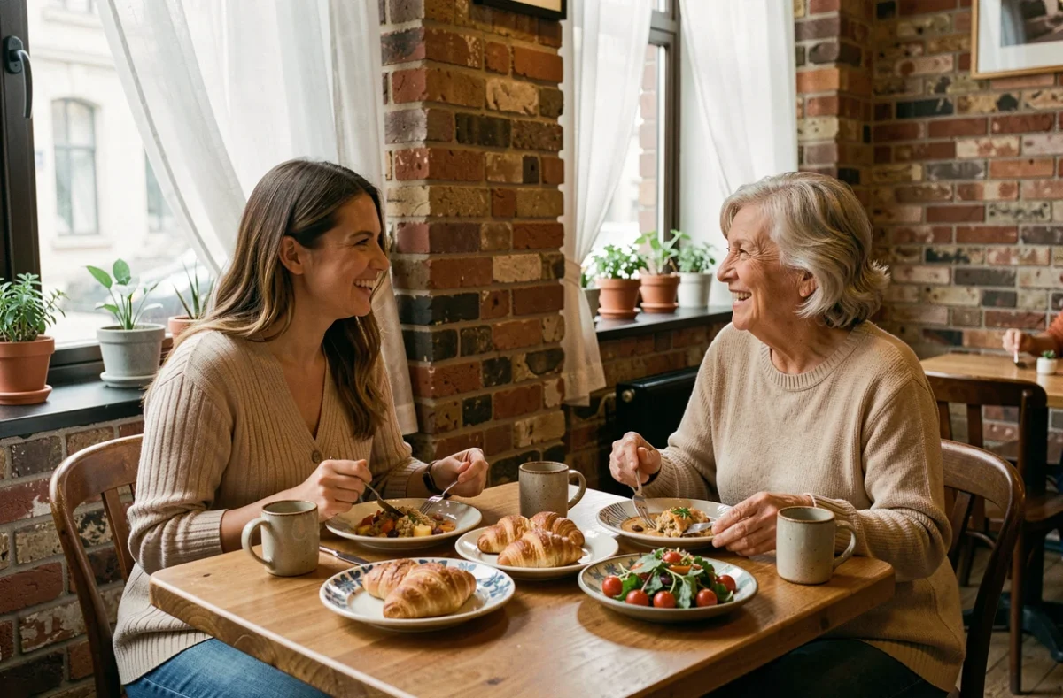 Deux femmes partageant un repas au café sans culpabilité, illustrant le principe de permission inconditionnelle de manger
