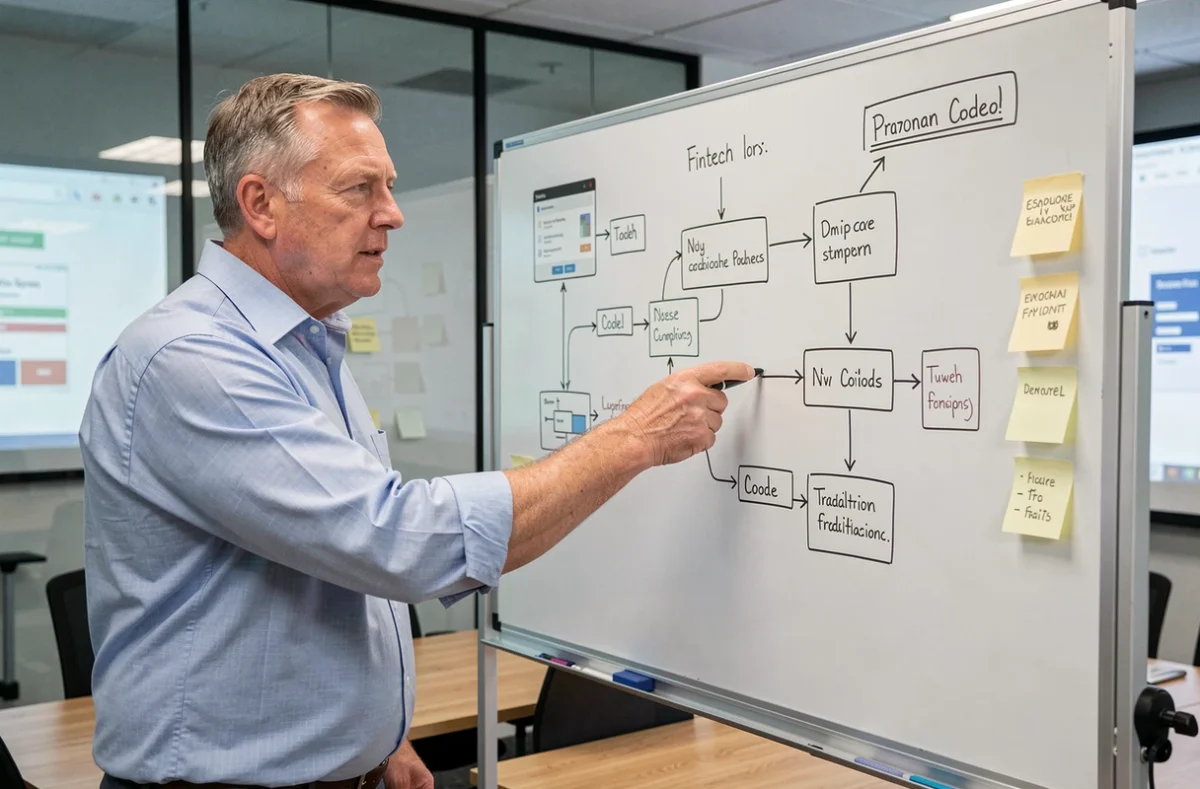Professionnel de la fintech expliquant les différences entre codage et outils no-code sur un tableau blanc en réunion