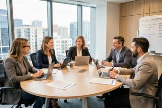 Groupe de cinq professionnels réunis autour d'une table de réunion pour former un comité en entreprise