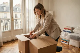 Une femme française d'une quarantaine d'années emballe ses cartons dans un appartement haussmannien parisien avant de quitter la France