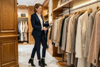 Femme de 50 ans élégante dans une boutique parisienne, portant un blazer marine et un pantalon ajusté, incarnant une garde-robe chic et intemporelle