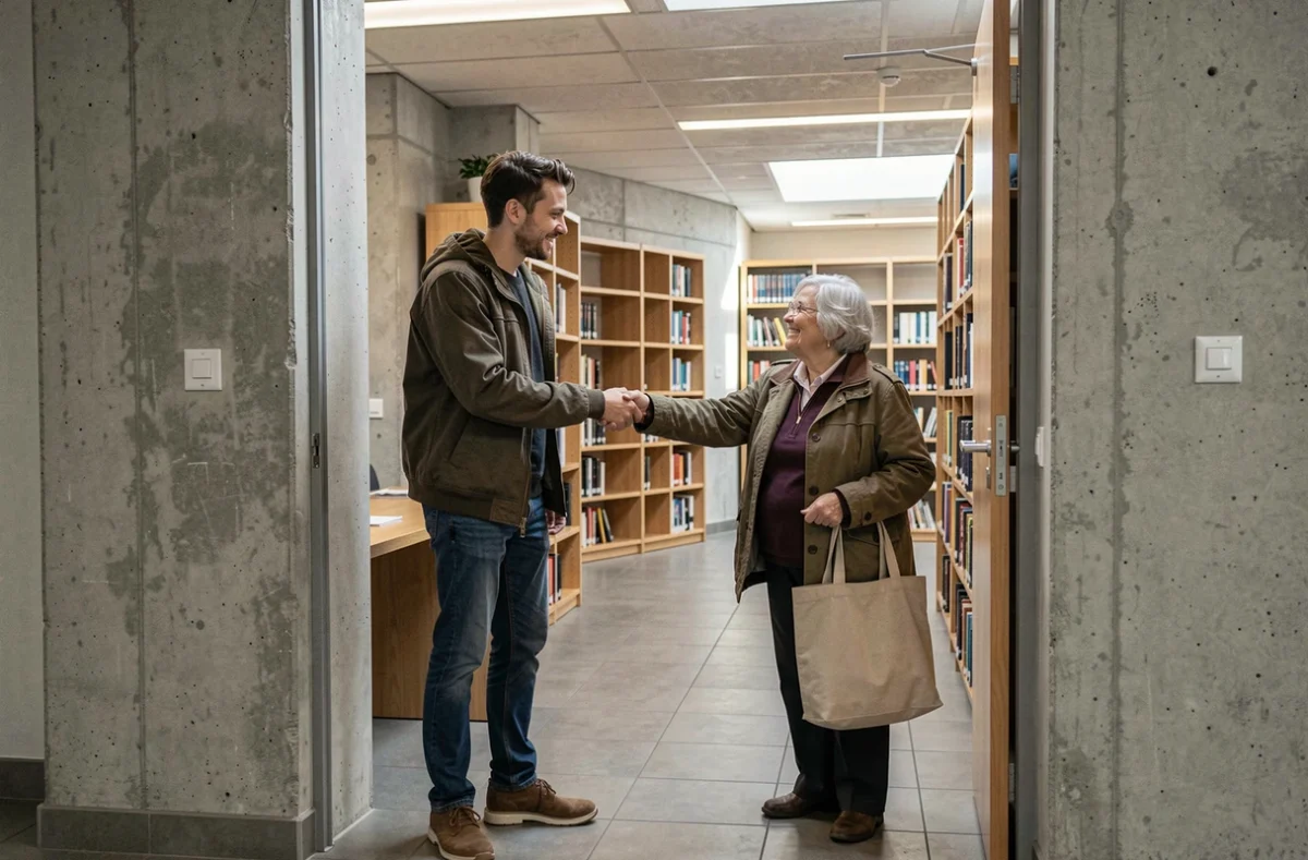 Jeune homme tenant la porte pour une femme âgée à l'entrée d'une bibliothèque moderne, symbole de respect civique