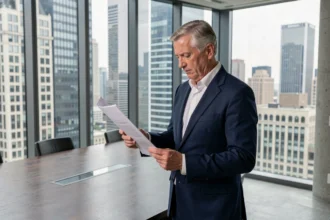 Dirigeant d'un grand fonds de gestion d'actifs consultant des documents financiers devant une vue panoramique sur un centre d'affaires