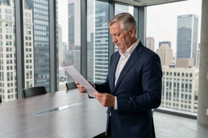 Dirigeant d'un grand fonds de gestion d'actifs consultant des documents financiers devant une vue panoramique sur un centre d'affaires