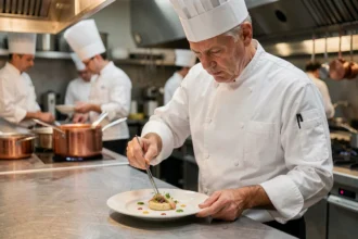 Grand chef cuisinier étoilé en train de dresser une assiette gastronomique dans une cuisine professionnelle