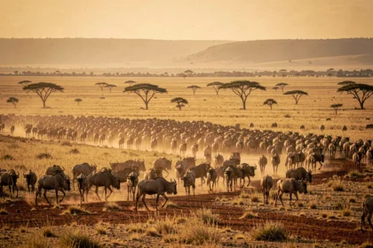 Grande migration de gnous traversant la savane dorée d'Afrique de l'Est lors d'un safari au Kenya ou en Tanzanie