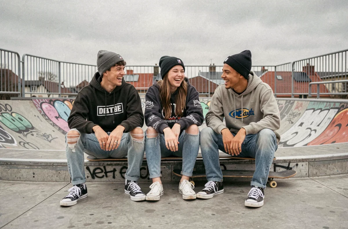 Groupe de jeunes adolescents en tenue streetwear assis sur des rampes de skatepark urbain en train de rire ensemble