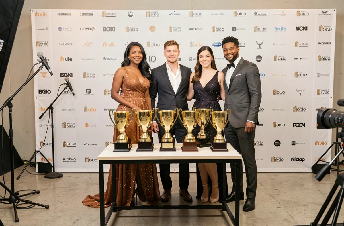 Groupe de jeunes artistes posant avec des trophées dorés devant un mur de logos lors d'une cérémonie musicale 2026