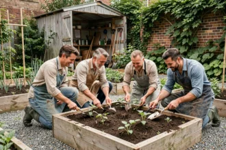 Groupe de bénévoles adultes travaillant ensemble dans un jardin communautaire urbain avec des bacs en bois surélevés