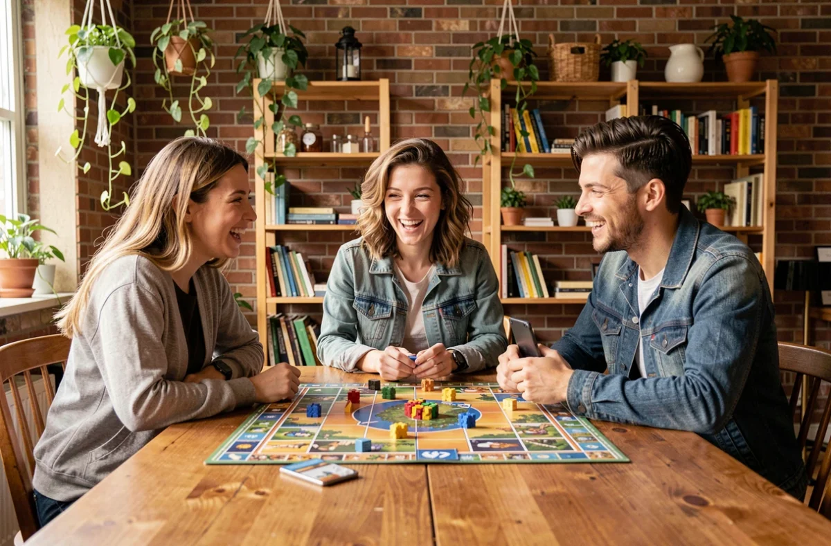 Groupe de jeunes adultes jouant à un jeu de société ensemble, représentant les bienfaits sociaux du jeu