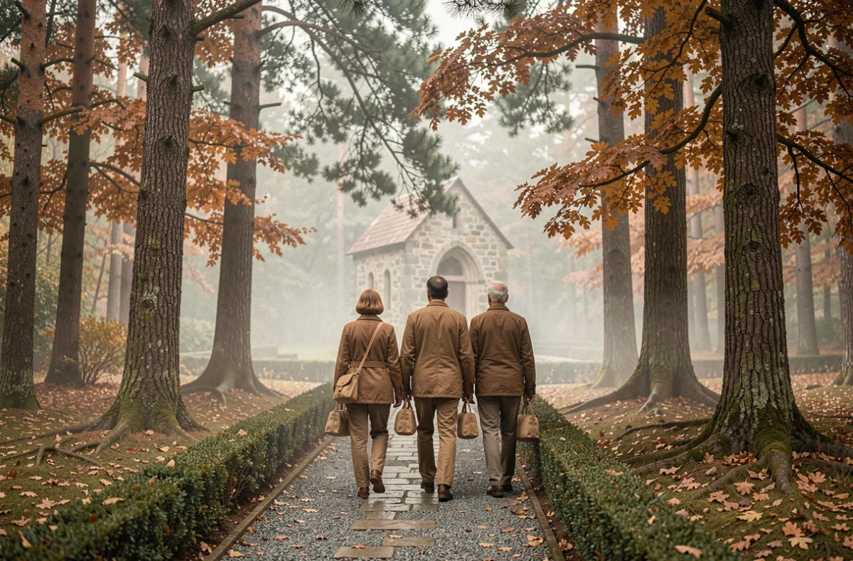 Groupe de personnes en chemin vers un monastère dans un jardin forestier en automne, évoquant la retraite spirituelle collective