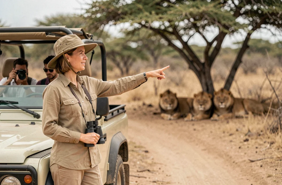Guide safari féminine désignant une troupe de lions depuis un Land Rover ouvert dans la brousse africaine