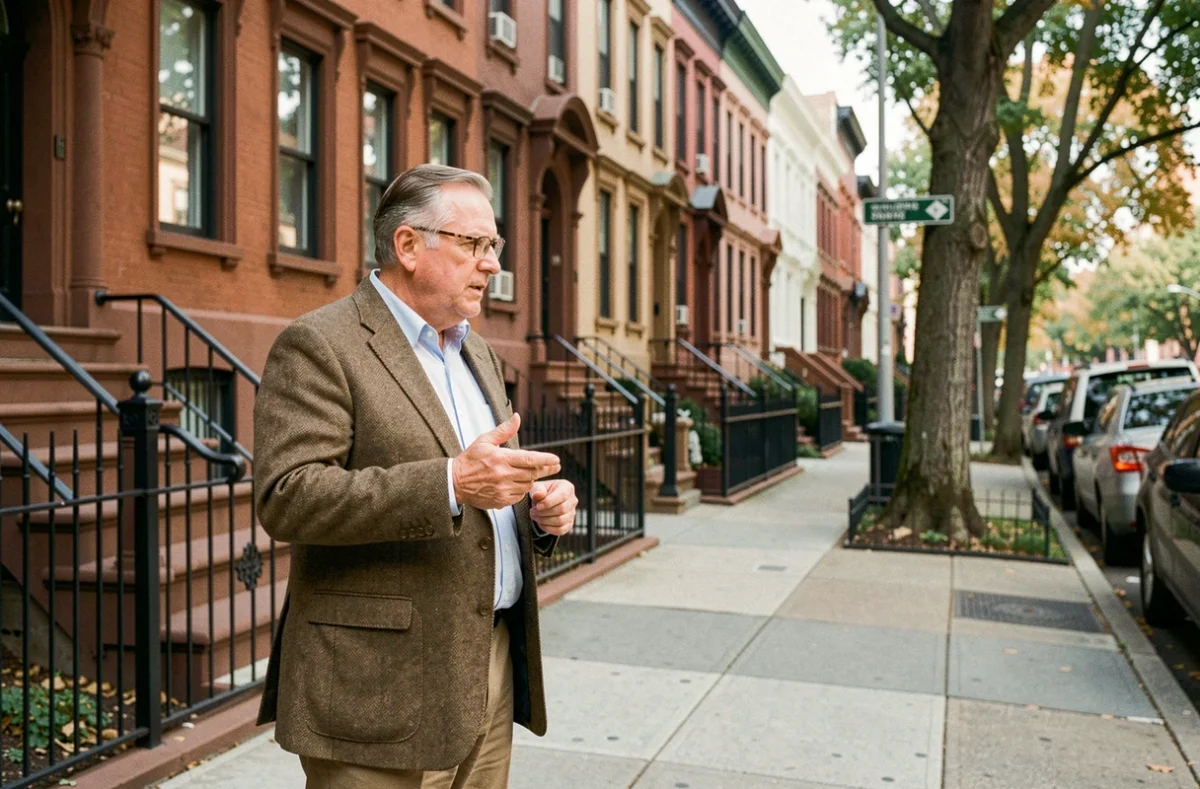 Historien urbain devant des brownstones des années 1920 à New York, illustrant l'histoire des premières lois de zonage américaines dans un quartier résidentiel historique
