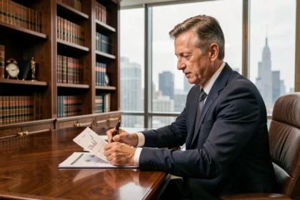 Homme d'affaires fortuné analysant des portefeuilles d'investissement dans un bureau privé luxueux avec vue sur la ville