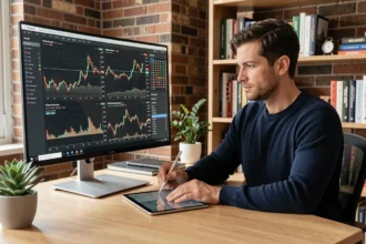 Homme analysant des graphiques de cryptomonnaies sur un écran dans un bureau moderne pour vendre des cryptos sur la blockchain