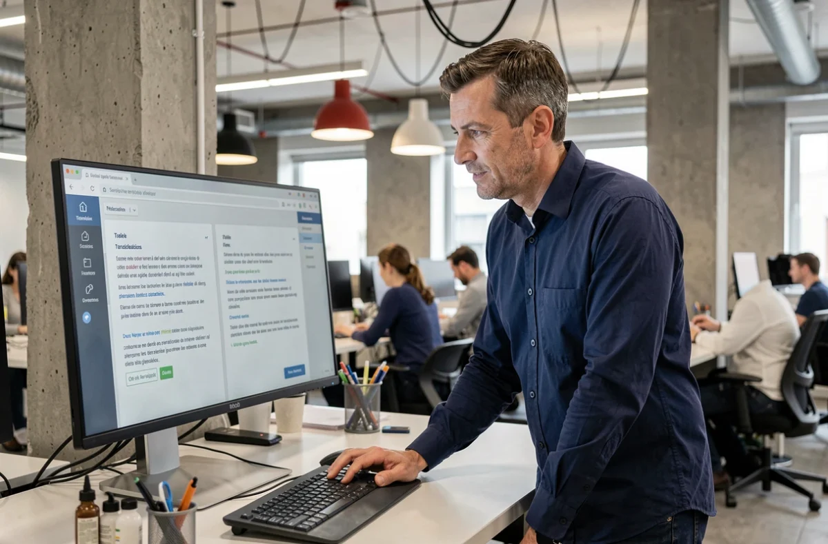 Homme professionnel évaluant les performances de traduction de DeepL et ChatGPT sur grand écran en open space