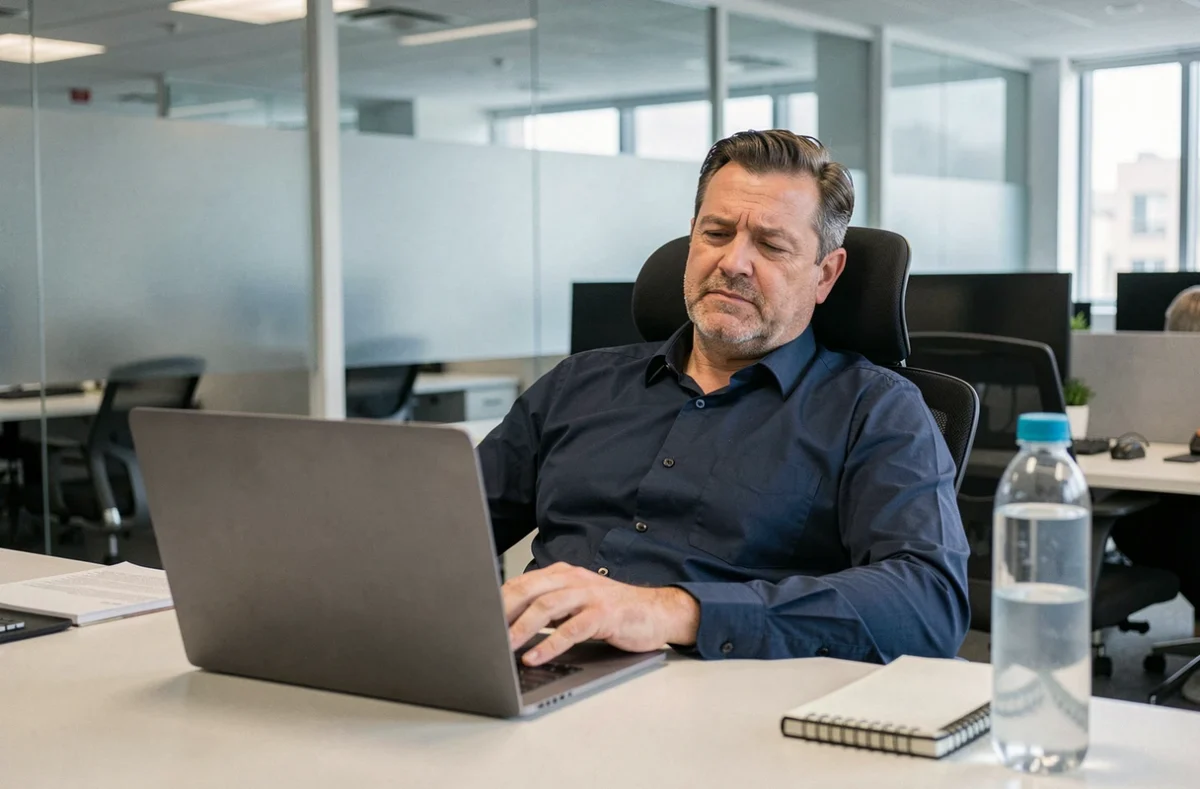 Homme fatigué dans un bureau en open space essayant de rester concentré sur son ordinateur portable