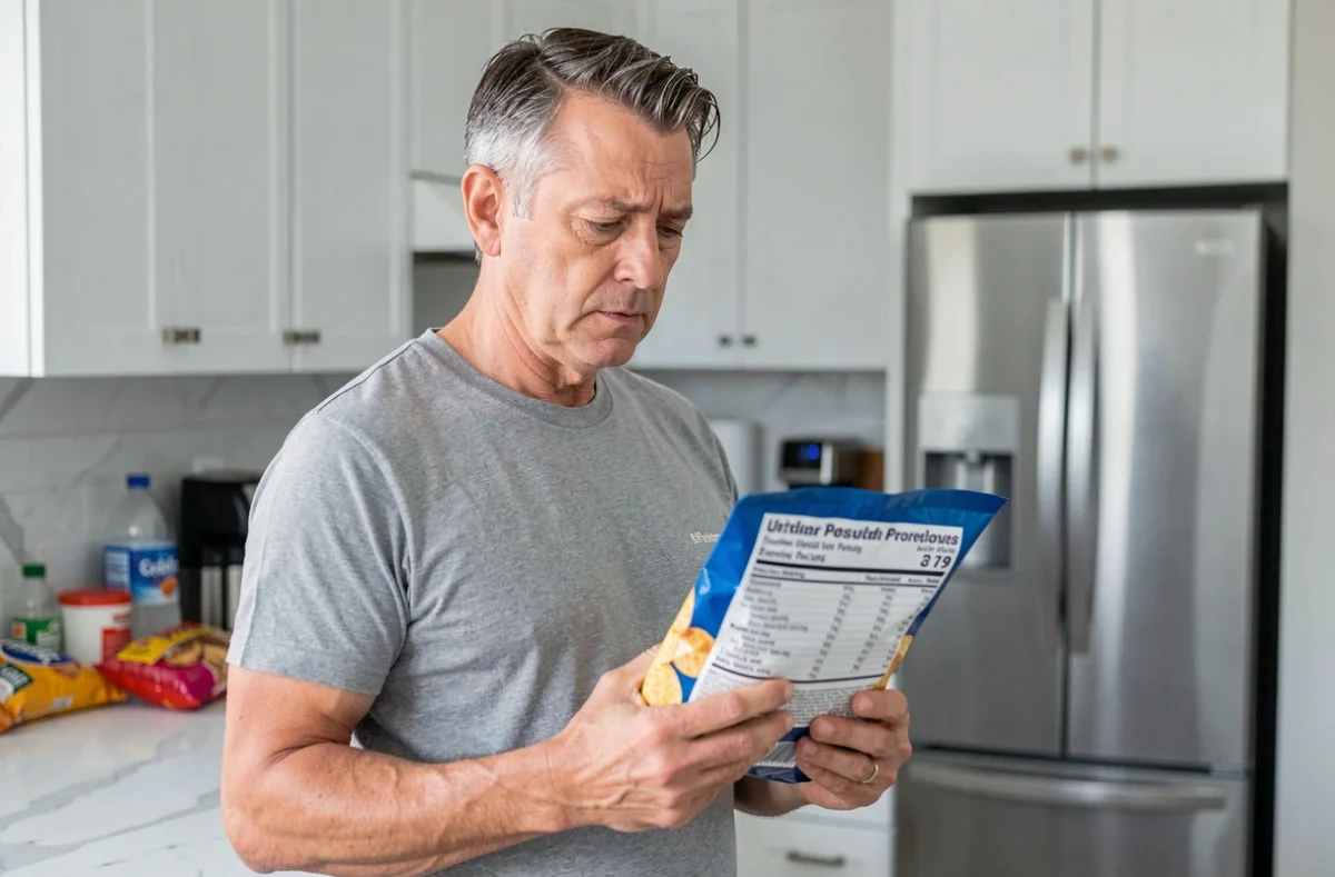 Homme d'âge mûr lisant l'étiquette nutritionnelle d'un paquet de chips ultra-transformées dans une cuisine moderne